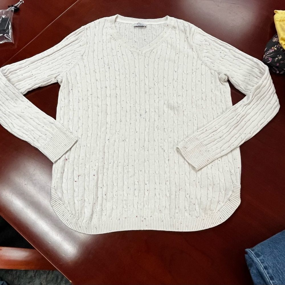 Kim Rogers White Multi Color V-Neck Rounded Hem Sweater sz L EUC